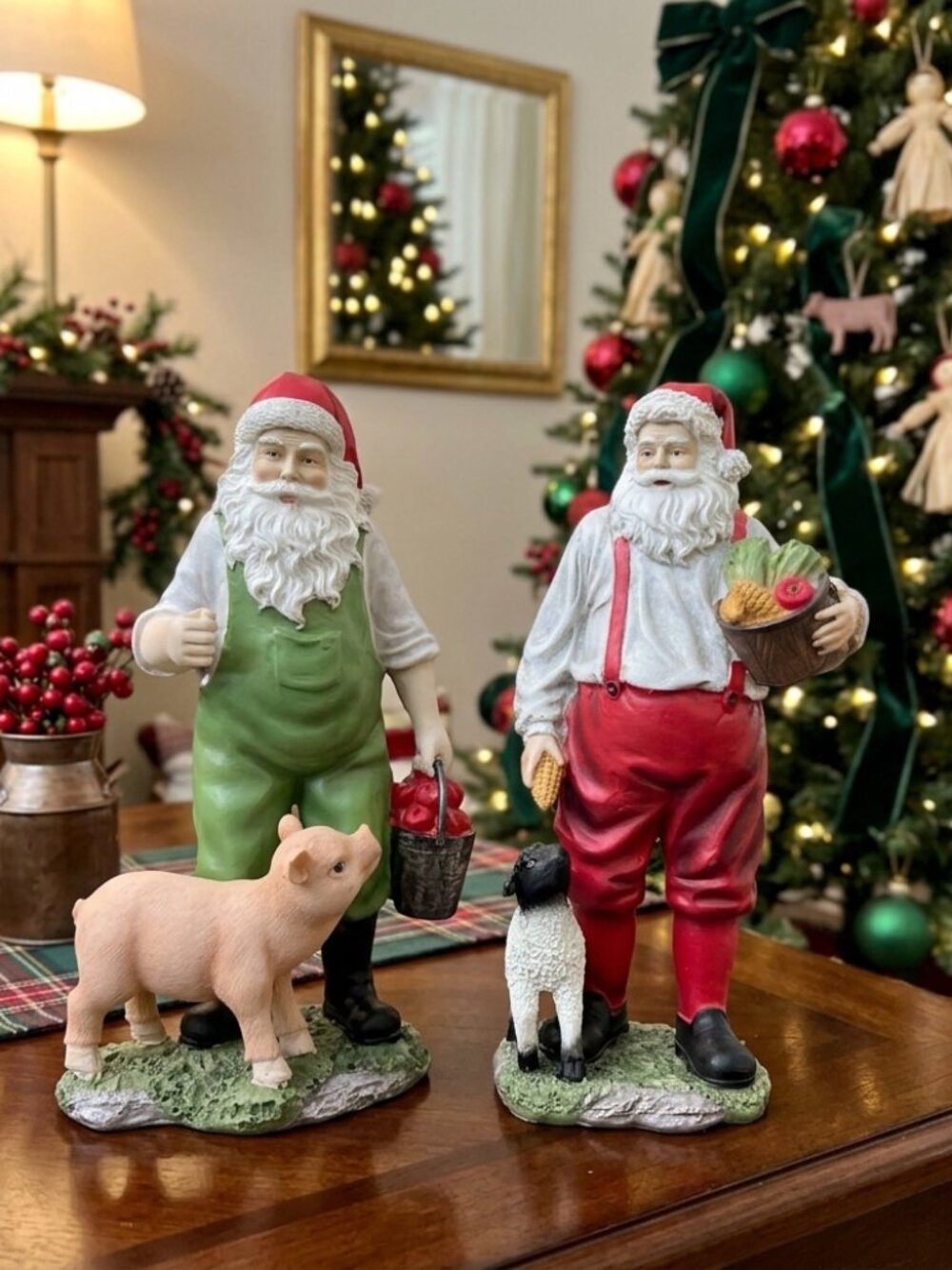 Resin Santa on the Farm 2-Piece Set - 10.5" Rustic Country Christmas Figurines